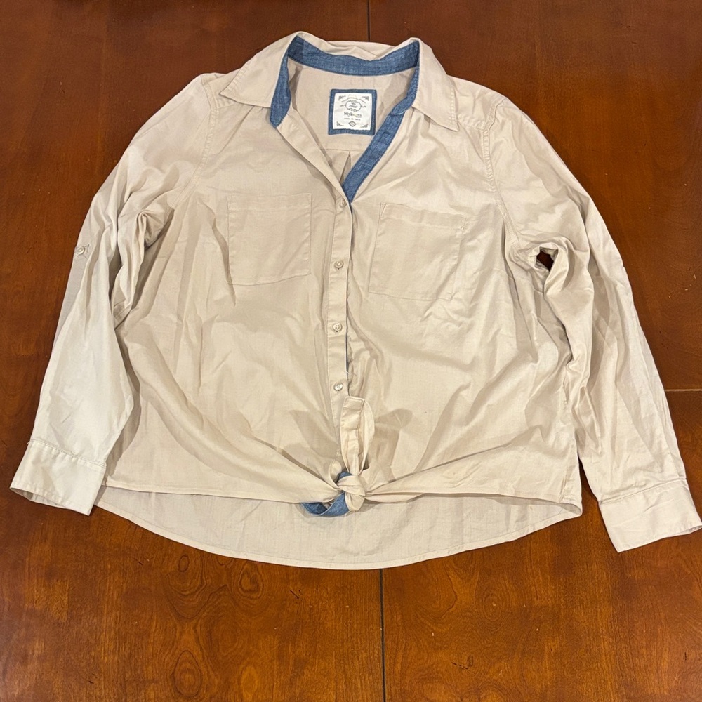 Style &‎ Co. Beige Cotton Button-Down Shirt with Blue Accents